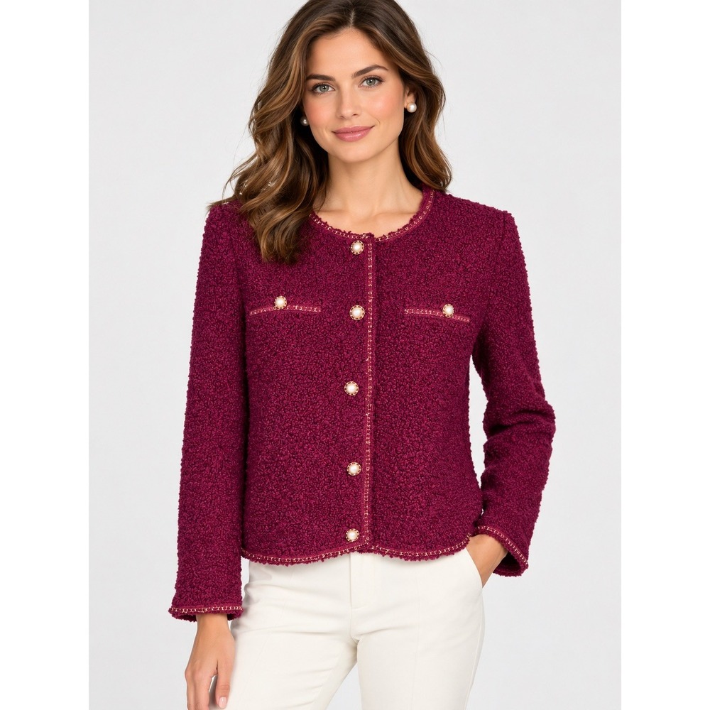 Adrianna Papell Boucle Tweed Jacket M NWT Wine Berry Pearl Button Blazer $99
